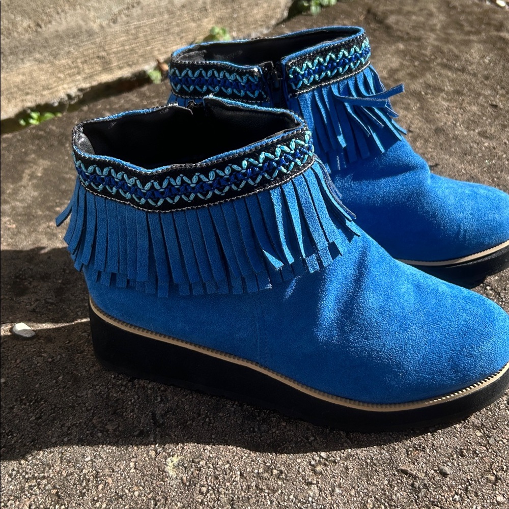 Women's Platform Ankle Booties Casual Fringe Round Toe Chunky Heel Tassel Ethnic - Picture 2 of 11